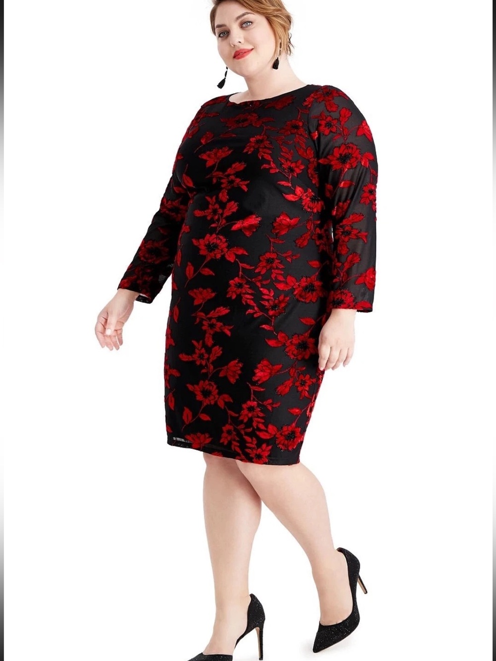 Jessica Howard Black Dress with Red Floral Print - Long Sleeve